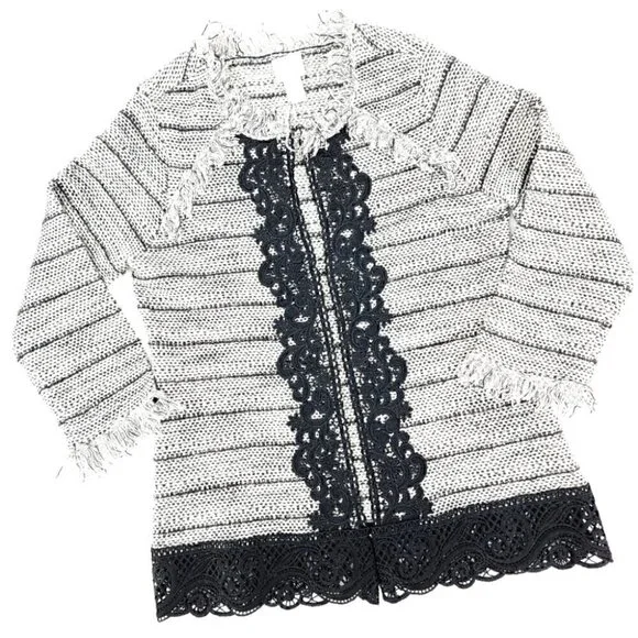 Chico's EUC Women's 0 Black White Laced Fringe Cardigan Cotton Blend Tweed - Picture 1 of 11